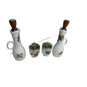 Vntg Royal Worcester Evesham Oil & Vinegar Cruets + 2 Egg Coddlers/Jam Pots
